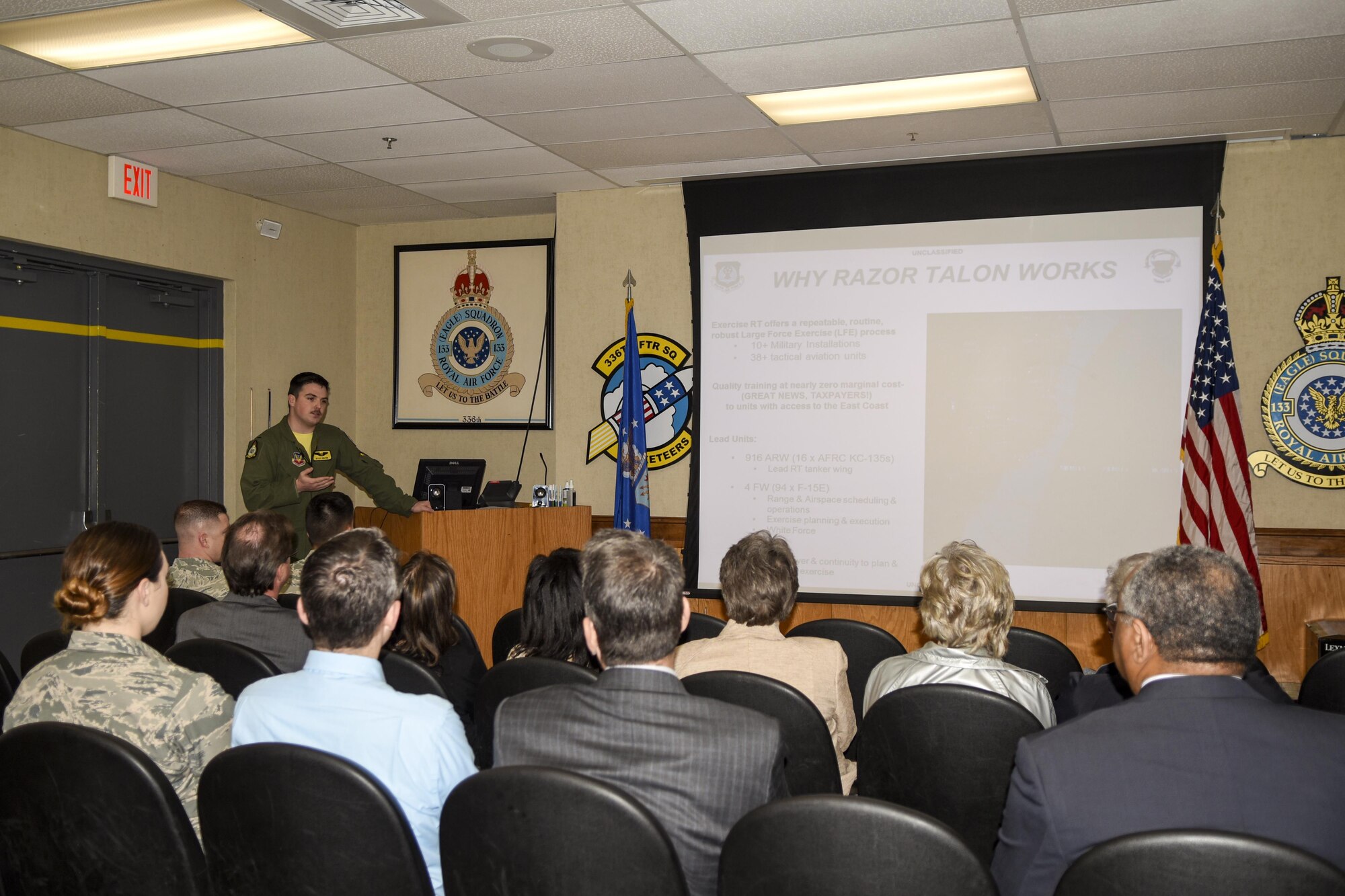 U.S. Air Force 1st Lt. Kyle Holter, 336th Fighter Squadron weapons system officer, explains Razor Talon during an orientation tour, March 25, 2016, at Seymour Johnson Air Force Base, North Carolina. Razor Talon is a monthly low-cost exercise started by the 4th Fighter Wing in March 2011 to prepare aircrew for real-world missions. (U.S. Air Force photo/Airman Shawna L. Keyes)