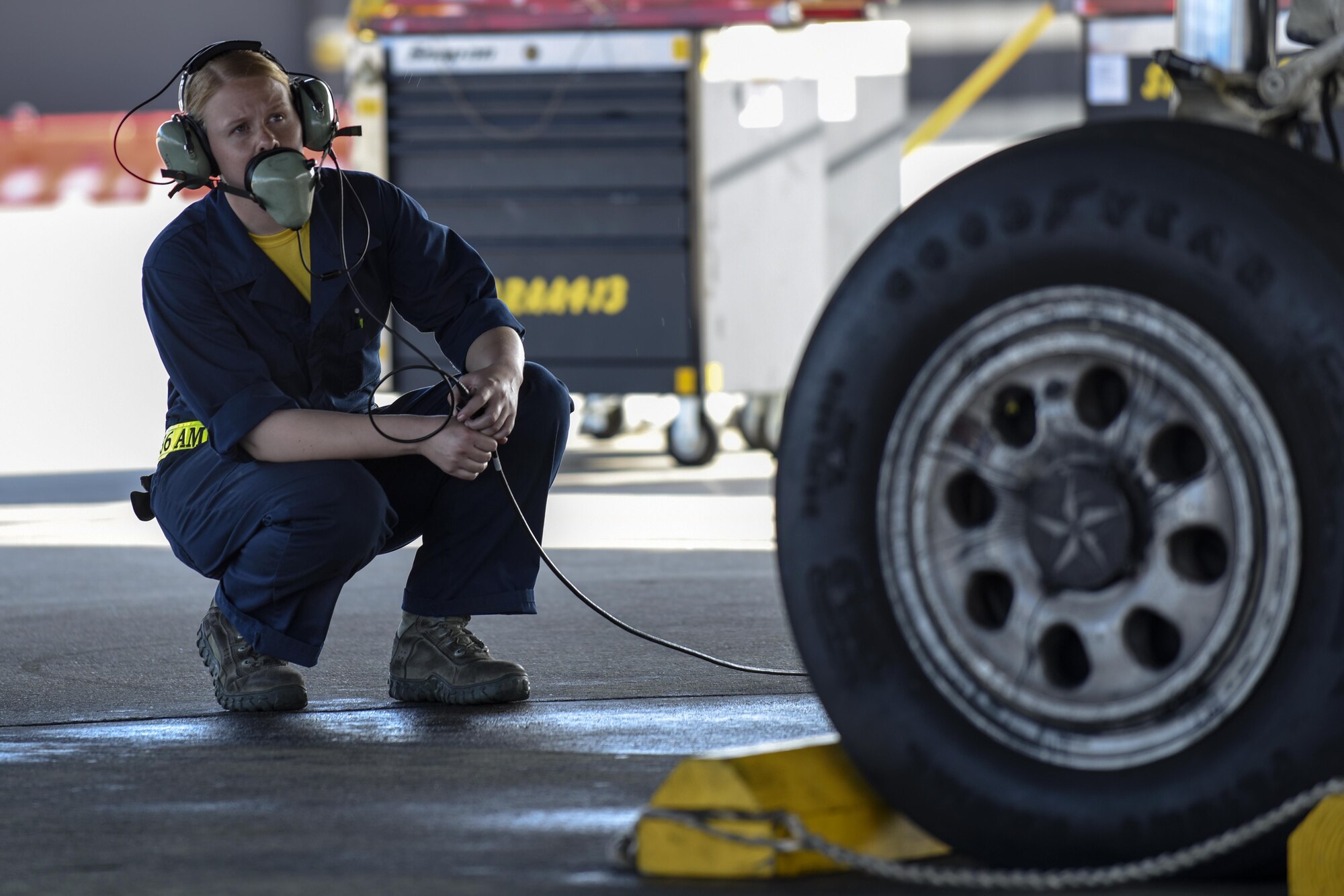 Airman 1st Class Nicole Ainsworth-Walkup, 4th Aircraft Maintenance Squadron crew chief, completes final checks before launching an F-15E Strike Eagle for Razor Talon, March 25, 2016, at Seymour Johnson Air Force Base, North Carolina. Razor Talon is a monthly large-force training exercise for joint East Coast tactical and support aviation units. (U.S. Air Force photo/Airman Shawna L. Keyes)