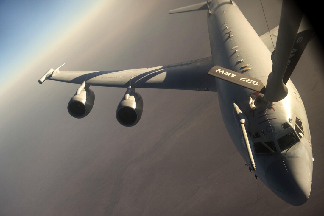 An E-3 Sentry airborne warning and control system receives fuel from a U.S. Air Force KC-135 Stratotanker aircraft in support of Operation Inherent Resolve over Iraq, March 22, 2016. Air Force photo by Staff Sgt. Corey Hook