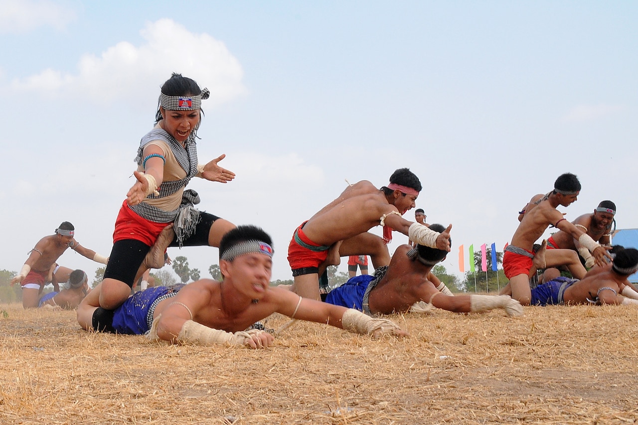 Cambodian martial arts experts demonstrate their advanced capabilities during the closing ceremonies for Angkor Sentinel 2016 at the Training School for Multinational Peacekeeping Forces in Kampong Speu Province, Cambodia, March 25, 2016. Army photo by Master Sgt. Mary E. Ferguson