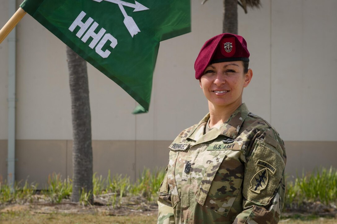 Army 1st Sgt. Felicia Rodriguez stands outside after participating a company formation on Eglin Air Force Base, Fla., March 15, 2016. Rodriguez is the senior enlisted advisor to Headquarters Company, 7th Special Forces Group (Airborne). Army photo by Staff Sgt. William Waller