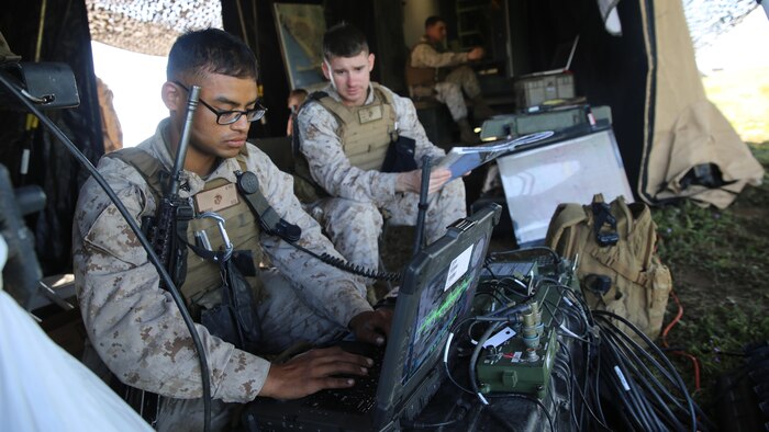 Marines coordinate fires for High Mobility Artillery Rocket System during an M142 HIMARS live fire exercise at Camp Pendleton March 16, 2016. During the exercise, Marines coordinated fires based on hypothetical combat situations they might encounter while deployed. The HIMARS rounds are aided by Global Positioning System (GPS) technology and can travel to altitudes up to 75 kilometers and can precisely engage targets up to 40 miles away. The Marines are with Battery S, 5th Battalion, 11th Marine Regiment, 1st Marine Division, I Marine Expeditionary Force.