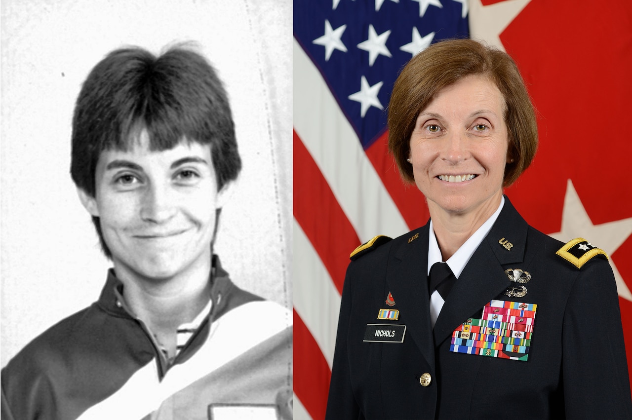 On the left, Camille Nichols, assistant coach and manager of the 1984 Women's U.S. Olympic Handball Team. On the right, Maj. Gen. Camille Nichols, commanding general of the U.S. Army Contracting Command. DoD photo illustration compiled from U.S. Olympic Committee and Army photos