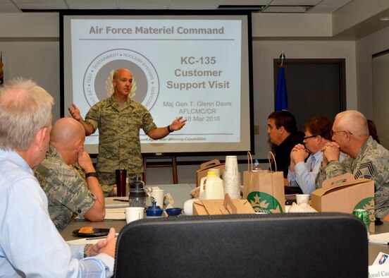 Maj. Gen. Glenn Davis, the mobilization assistant to the Air Force Life Cycle Management Center commander, gives opening remarks during a KC-135 Stratotanker customer support visit to the 507th Air Refueling Wing at Tinker Air Force Base, Okla. The group visited Tinker AFB and also Birmingham Air National Guard Base, Alabama, and Grissom Air Reserve Base, Indiana, from March 14-18 to enhance KC-135 customer service between all the agencies. (U.S. Air Force Photo/Maj. Jon Quinlan) 