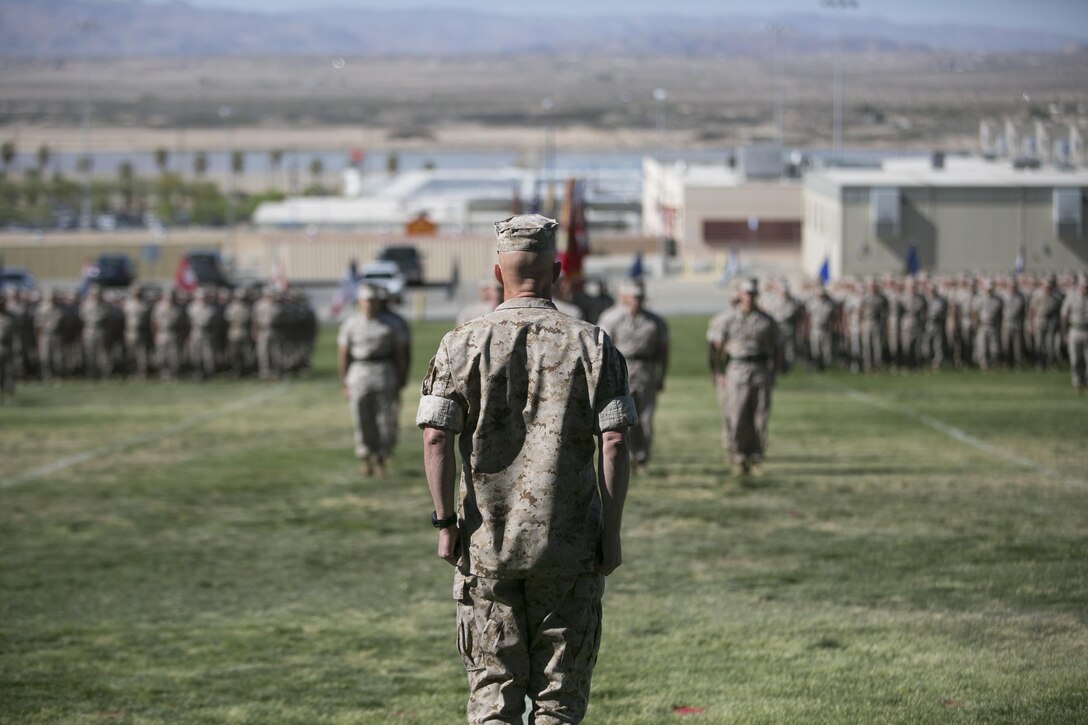 Col. William Vivian, commanding officer, 7th Marine Regiment, oversees his regiment during its’ relief and appointment ceremony at Lance Cpl. Torrey L. Gray Field, March 18, 2016. (Official Marine Corps photo by cpl. Julio McGraw/Released)