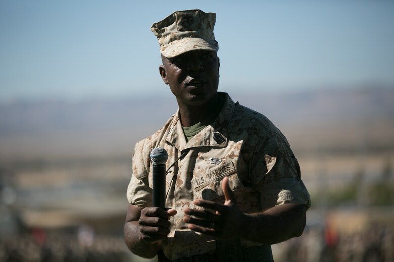 Sgt. Maj. Rodney Lane, outgoing sergeant major, 7th Marine Regiment, speaks to the crowd during the regiment’s relief and appointment ceremony at Lance Cpl. Torrey L. Gray Field, March 18, 2016. (Official Marine Corps photo by Cpl. Julio McGraw/Released.)