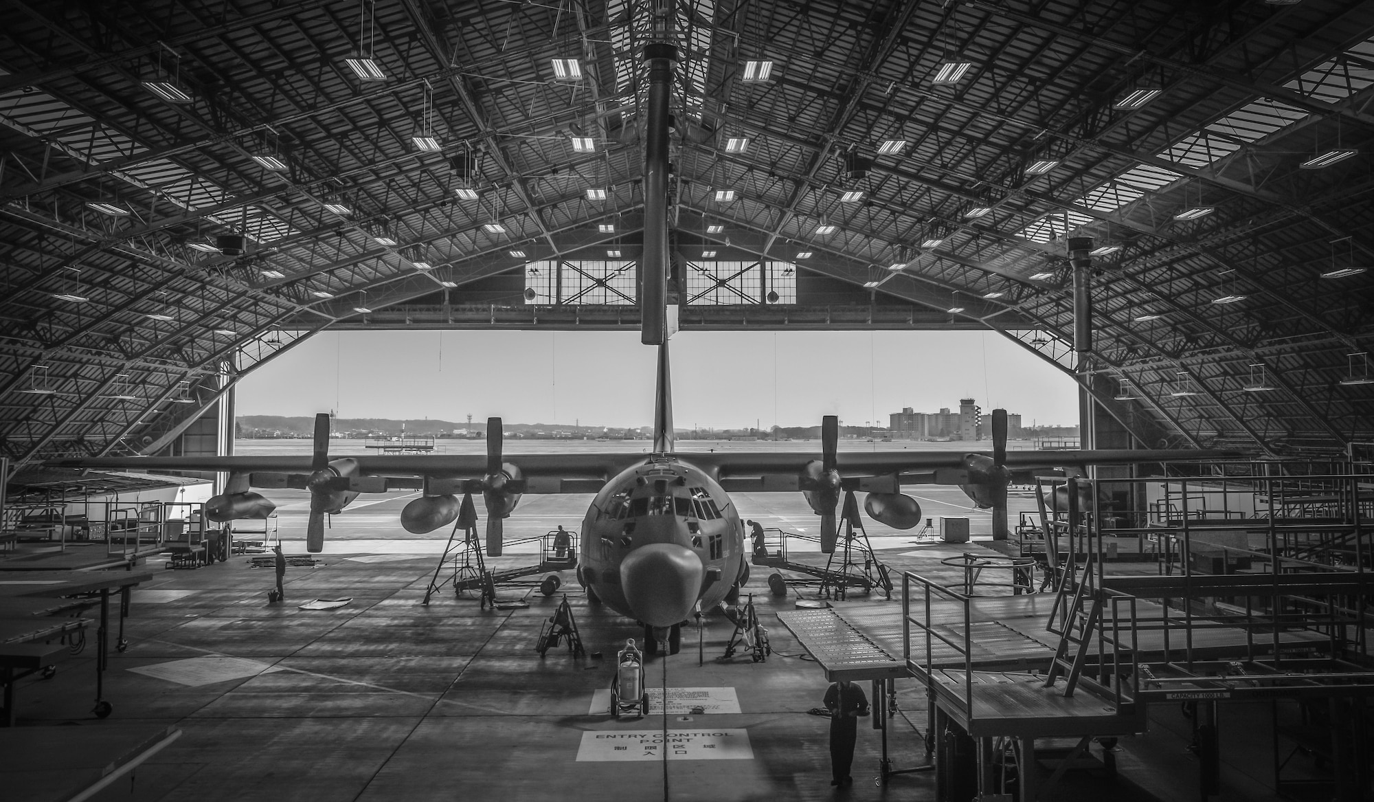 A U.S. Air Force MC-130 Talon II, from Kadena Air Base, Japan, sits in the phase docks to be repaired at Yokota Air Base, Japan, Feb. 19, 2016. The aircraft will enter the phase docks every 540 days for a 14 to 16-day inspection and to be repaired. (U.S. Air Force photo by Senior Airman David Owsianka/Released)