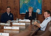 U.S. Air Force Maj. Gen. Mark Dillon, Pacific Air Forces vice commander, and Hon. Catherine Ebert-Gray, U.S. Ambassador to Papua New Guinea, Vanuatu and the Soloman Islands, meet other key PACAF leadership during her tour of the headquarters building. (U.S. Air Force photo by Tech. Sgt. James Stewart/Released)