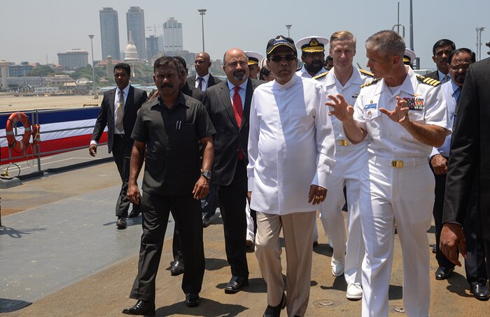 COLOMBO, Sri Lanka (Mar. 28, 2016) Capt Kyle Higgins, commanding officer of USS Blue Ridge (LCC 19) gives a tour to President Maithripala Sirisena of Sri Lanka aboard the 7th Fleet flagship USS Blue Ridge (LCC 19). Blue Ridge's port visit to Sri Lanka marks the first time a U.S. Navy ship has visited the country since 2011. (