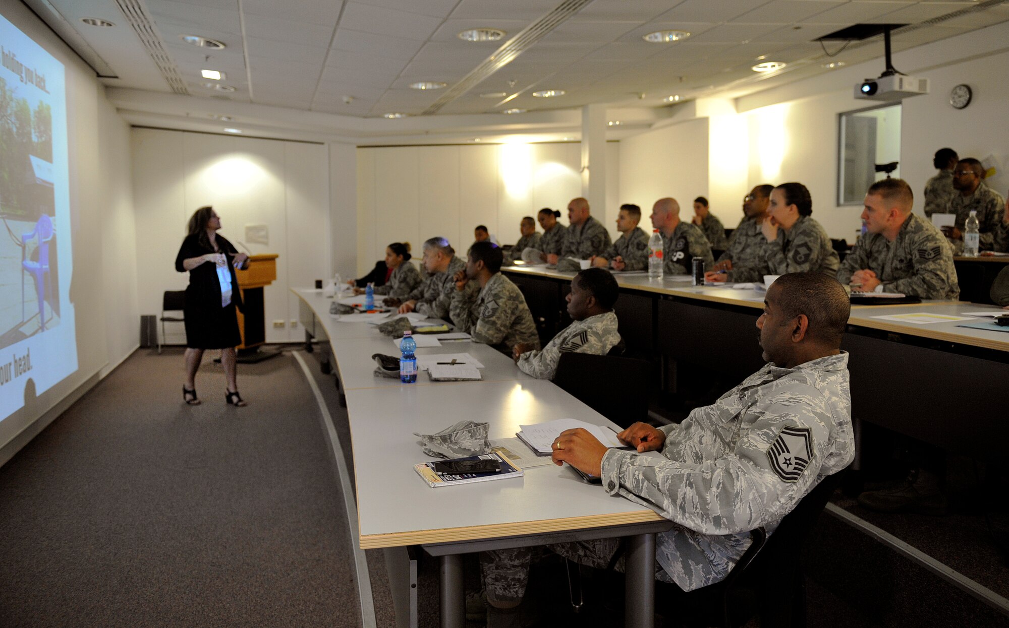 Tina Erzen, Air Force Academy Center for Character and Leadership Development program director, Leaders in Flight Today, teaches a Core Values Coaching Workshop to 86th Airlift Wing leaders March 21, 2016, at Ramstein Air Base, Germany. The 86th AW invited Erzen to teach the Airmen the importance of communication, empathy and guiding their peers in a positive direction with personal and professional goals. (U.S. Air Force photo/Airman 1st Class Larissa Greatwood)