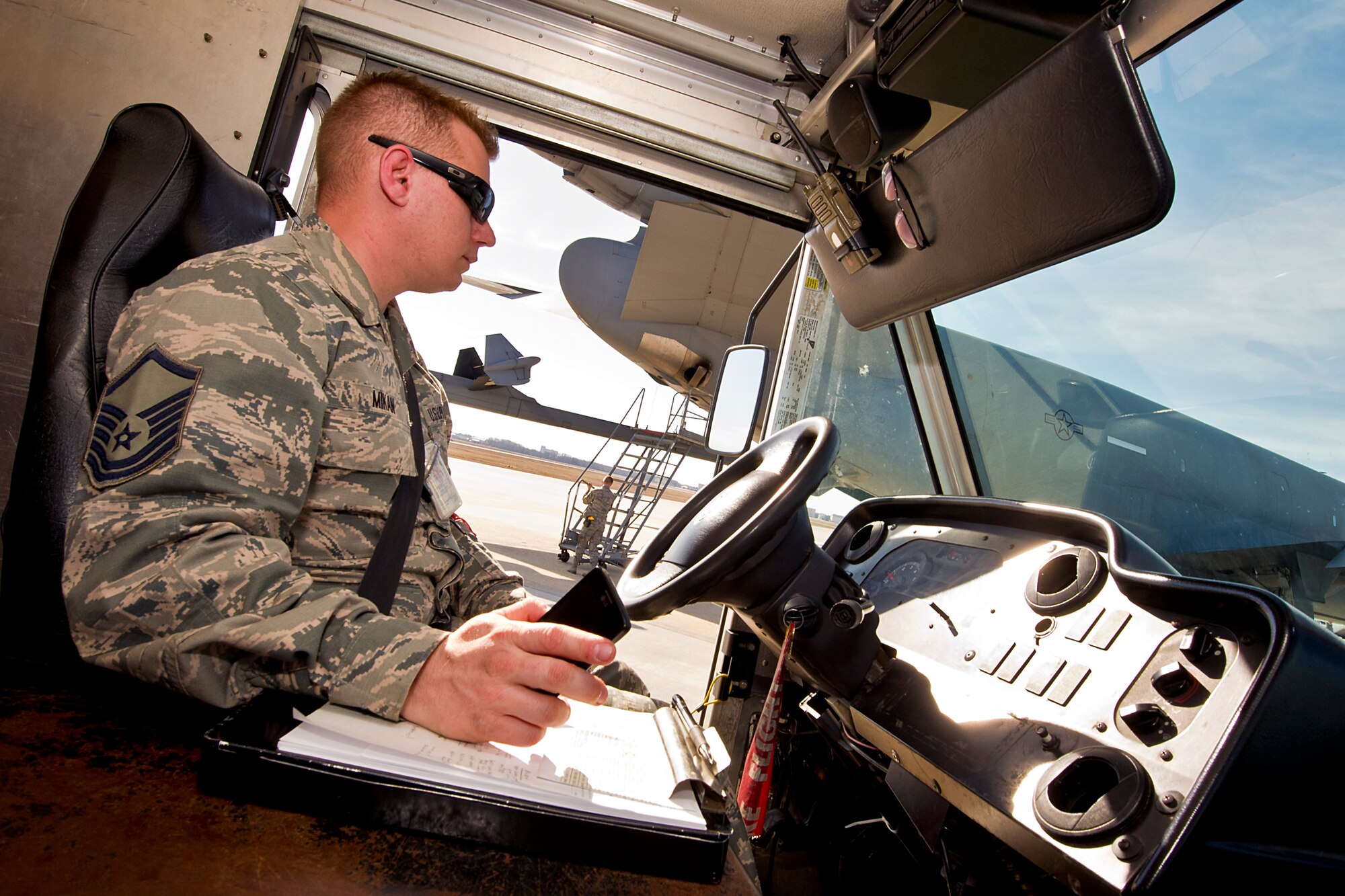 Master Sgt. Thomas Mikan, a maintenance expediter with the 714th Aircraft Maintenance Squadron, drives a truck on the flightline March 9, 2016. Mikan and dozen of other traditional Reserve Airmen were called upon to hold down the flightline while their active-duty counterparts were away performing a training exercise. Mikan is a native of Pittsburg, Penn. (U.S. Air Force photo by Shawn J. Jones