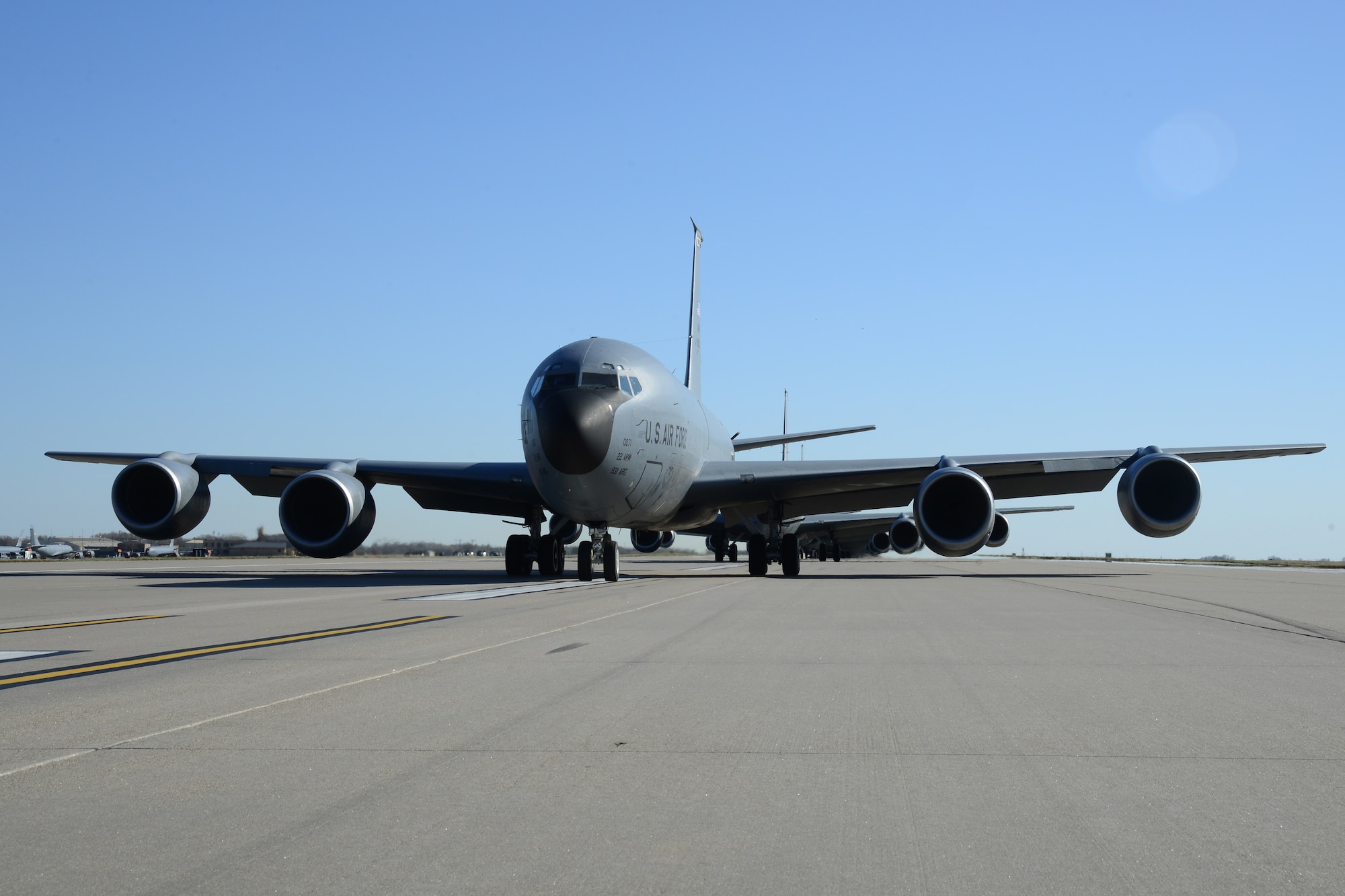 Fourteen KC-135 Stratotankers line up during a simulated alert call, March 24, 2016, at McConnell Air Force Base, Kan. The elephant walk was part of an exercise, which displayed the rapid mobility capabilities and teamwork of the men and women at McConnell to take flight within minutes of being notified of a mission. (U.S. Air Force photos/Airman 1st Class Christopher Thornbury) 