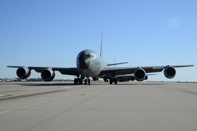 Fourteen KC-135 Stratotankers line up during a simulated alert call, March 24, 2016, at McConnell Air Force Base, Kan. The elephant walk was part of an exercise, which displayed the rapid mobility capabilities and teamwork of the men and women at McConnell to take flight within minutes of being notified of a mission. (U.S. Air Force photos/Airman 1st Class Christopher Thornbury) 