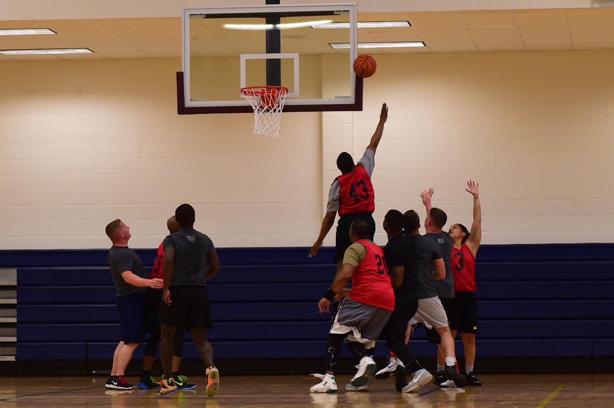 Members for the 743D Military Intelligence Battalion competed in a basketball tournament March 25, 2016, at the Buckley Fitness Center on Buckley Air Force Base, Colo. The tournament was an event for the Commander’s Cup, which is an inter-battalion competition, consisting of approximately eight events. Each time one of the companies win an event, they are awarded points. At the end of the fiscal year, the company with most points wins a trophy and bragging rights. (U.S. Air Force photos by Airman 1st Class Gabrielle Spradling/Released)