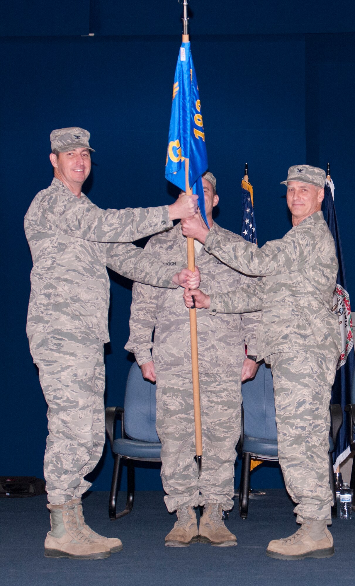 The 192nd Fighter Wing held a joint change of command ceremony for the 192nd Medical Group and Detachment 1 Chemical, Biological, Radiological, Nuclear and High-Yield Explosive Enhanced Response Force Package (CERFP), Medical Group, March 20, 2016, at Joint Base Langley-Eustis, Virginia. (U.S. Air National Guard photo by Technical Sgt. Jonathan P. Garcia)