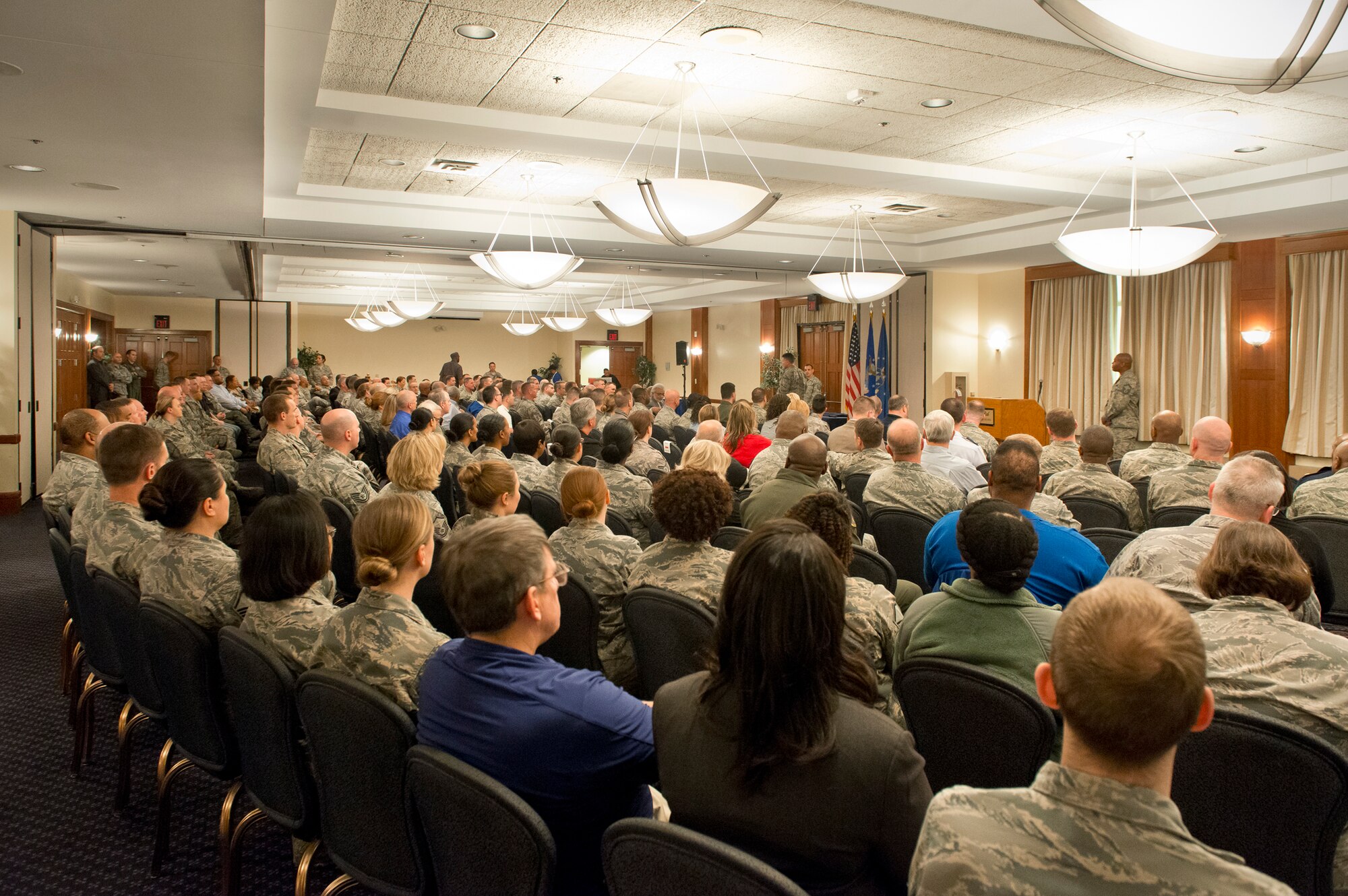 Air National Guard Airmen from the ANG Readiness Center at Joint Base Andrews, Md., gather at The Club for the 2015 ANGRC annual awards ceremony, April 18, 2016. The ceremony recognizes significant contributions in leadership, job performance in their primary duties, self-improvement, and base and community involvement. (Air National Guard photo by Master Sgt. Marvin R. Preston/Released)