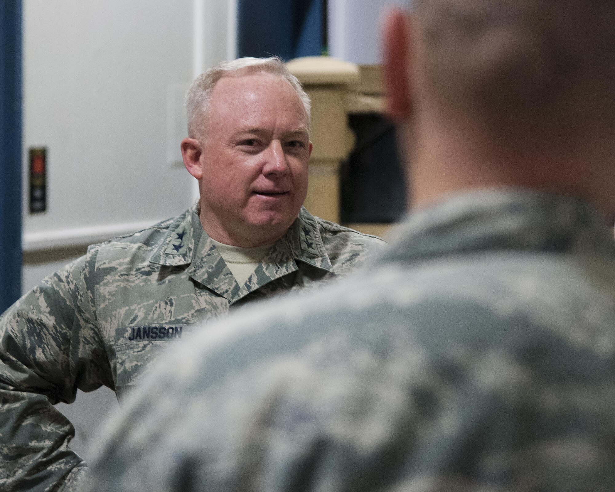 Maj. Gen. Scott Jannson, Air Force Nuclear Weapons Center commander, talks with Lt. Col. Jereme Barrett, 90th Security Forces Group deputy commander, about missile field security in a 790th Missile Security Forces Squadron Tactical Response Force facility, March 25, 2016, on F.E. Warren Air Force Base, Wyo. Jannson visited the base to get the pulse on the state of affairs at F.E. Warren and to find out how his organization can improve ICBM operations. (U.S. Air Force photo by Senior Airman Jason Wiese)