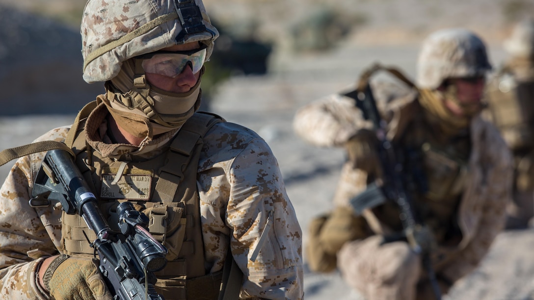 Lance Cpl. Elijah J. Scholl, rifleman, Company B, 3rd Light Armored Reconnaissance Battalion, sets up security during a notional potential improvised explosive device threat in the Combat Center training area March 22, 2016, as part of a Marine Corps Combat Readiness Evaluation Exercise. 3rd LAR conducted a five-day MCCREE to evaluate the combat readiness of B Co.
