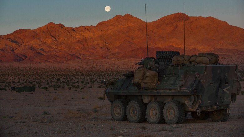 A light armored vehicle with Company B, 3rd Light Armored Reconnaissance Battalion, idles in the Combat Center training area March 22, 2016, during a Marine Corps Combat Readiness Evaluation Exercise. 3rd LAR conducted a five-day MCCREE to evaluate the combat readiness of B Co. 
