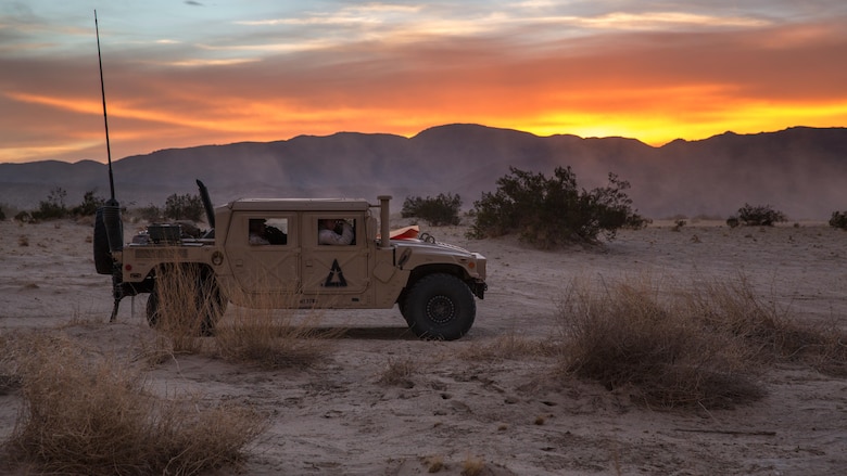 A High Mobility Multipurpose Wheeled Vehicle with 3rd Light Armored Reconnaissance Battalion idles in the Combat Center training area March 21, 2016, during a Marine Corps Combat Readiness Evaluation Exercise. 3rd LAR conducted a five-day MCCREE to evaluate the combat readiness of Company B.