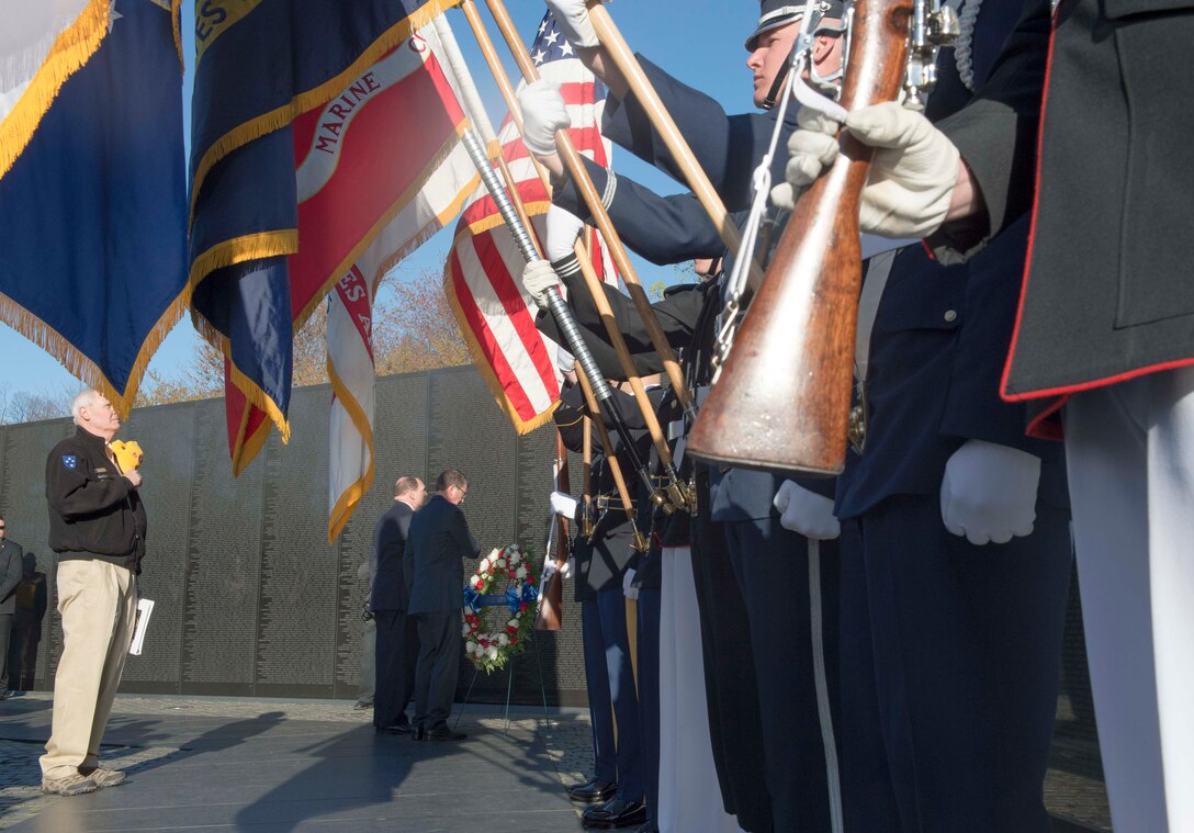 Defense Secretary Ash Carter and Veterans Affairs Secretary Bob McDonald lay a wreath at the Vietnam Veterans Memorial in Washington, D.C., March 29, 2016. DoD photo by Navy Petty Officer 1st Class Tim D. Godbee