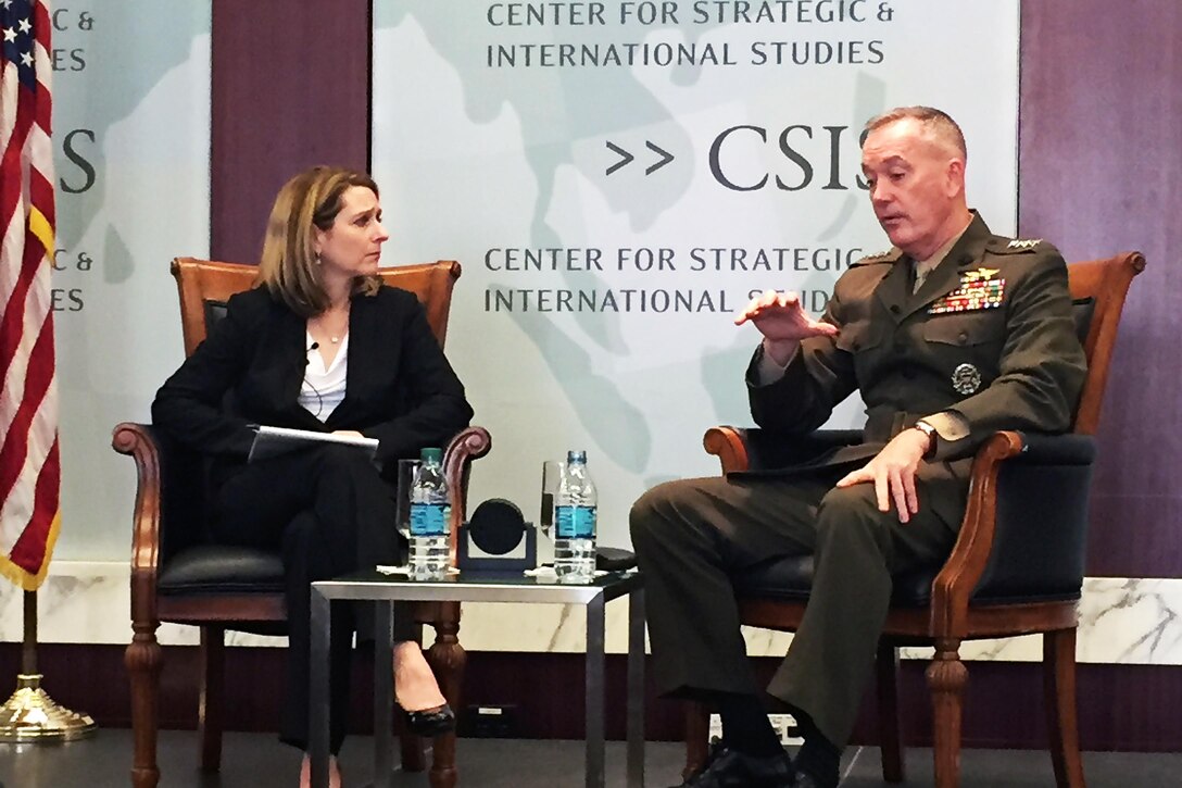 Marine Corps Gen. Joe Dunford, chairman of the Joint Chiefs of Staff, and Kathleen H. Hicks, a scholar for the Center for Strategic and International Studies, discuss Defense Department reform and organization at the center in Washington, D.C., March 29, 2016. DoD photo by James Garamone