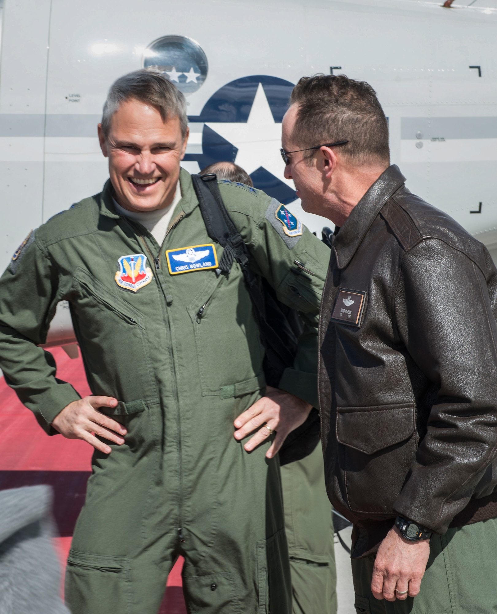 Col. David Iverson, Senior Military Advisor for the Under Secretary of the Air Force, greets Lt. Gen. Chris Nowland, 12th Air Force (Air Forces Southern) commadner, March 22, 2016, at Mountain Home Air Force Base Idaho. During his visit, Nowland took the opportunity to experience the daily mission of airmen on base. (U.S. Air Force photo by Senior Airman Malissa Lott/Released)