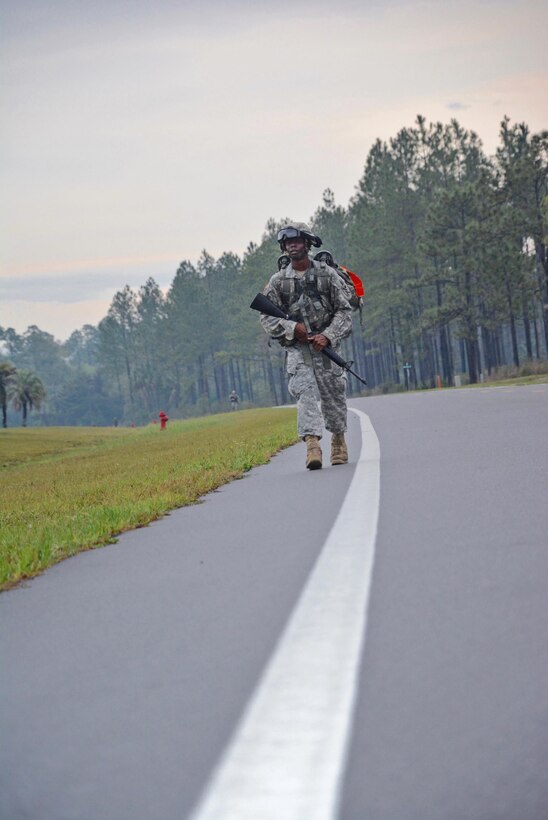 Sgt. Wayne Jones, from the 642nd Regional Support Group based in Decatur, Ga. and NCO category winner of the 143d ESC Best Warrior Competition (BWC) 2016 at the last event of the competition, the 10 mile road march held at Camp Blanding, Fla. on March 14-18. (Photo by: U.S. Army Sgt. Carlene Vera)
