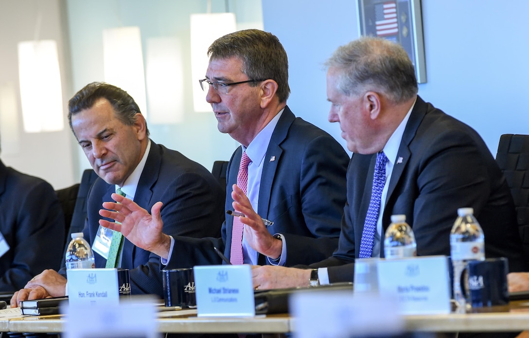 Defense Secretary Ash Carter speaks during a roundtable discussion with aerospace industry and association executives during a joint forum of the Aerospace Industries Association, National Defense Industrial Association and Professional Services Council in Arlington, Va., March 29, 2016. Carter discussed aerospace innovation and the budget during the event. DoD photo by Army Sgt. 1st Class Clydell Kinchen