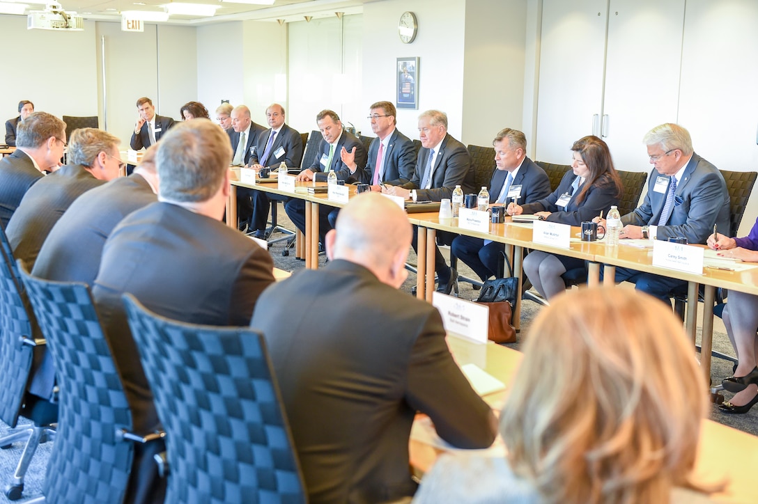 Defense Secretary Ash Carter speaks with aerospace industry and association executives during a joint forum in Arlington, Va., March 29, 2016. DoD photo by Army Sgt. 1st Class Clydell Kinchen