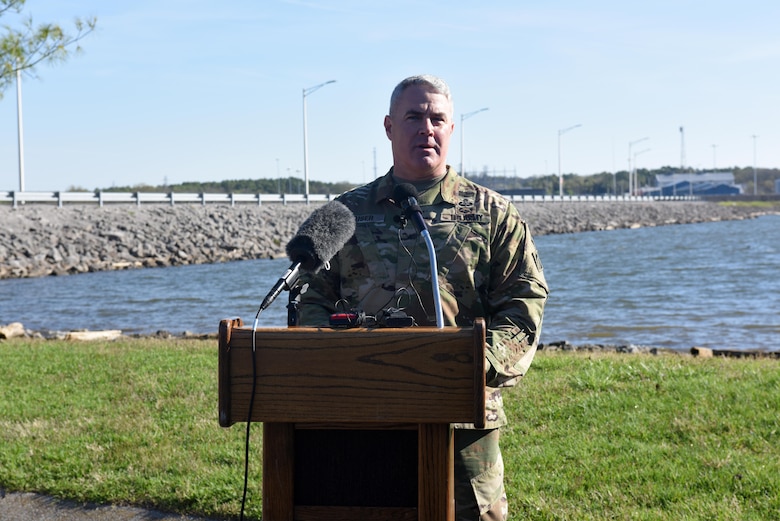 Brig. Gen. Richard G. Kaiser, U.S. Army Corps of Engineers Great Lakes and Ohio River Division commanding general in Cincinnati, makes a statement during a media availability at Old Hickory Dam in Old Hickory, Tenn., March 29, 2016.  He stressed that dam safety is the Corps' priority at Old Hickory Dam that is maintained and operated by the Nashville District.
