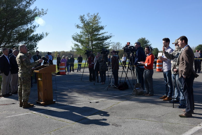 Brig. Gen. Richard G. Kaiser, U.S. Army Corps of Engineers Great Lakes and Ohio River Division commanding general in Cincinnati, makes a statement during a media availability at Old Hickory Dam in Old Hickory, Tenn., March 29, 2016.  He stressed that dam safety is the Corps' priority at Old Hickory Dam that is maintained and operated by the Nashville District.