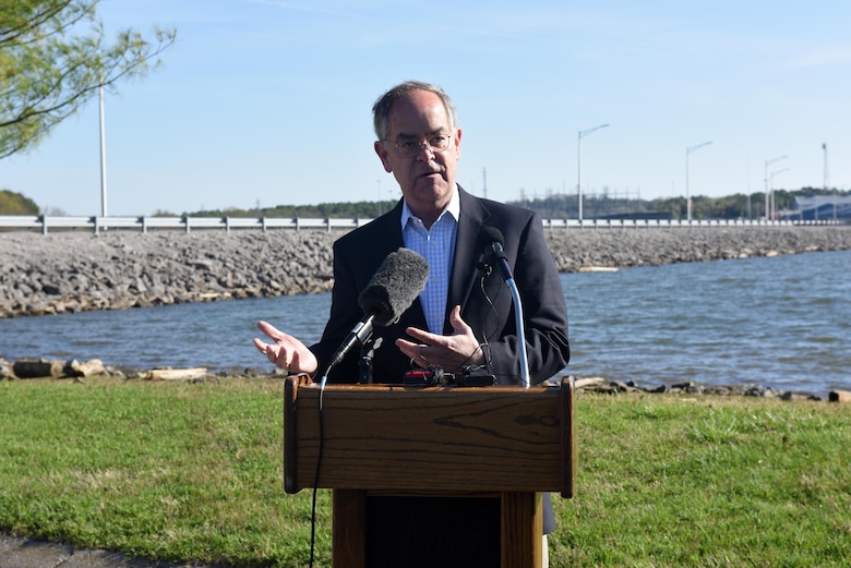 U.S. Rep. Jim Cooper, Tennessee 5th District, addresses the media at Old Hickory Dam in Old Hickory, Tenn., March 29, 2016 during a joint media availability with the U.S. Army Corps of Engineers.  The Congressman expressed his concerns about the proposed rock quarry on private property near Old Hickory Dam and Lake, which is operated by the Nashville District.