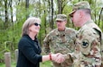 Command Sgt. Maj. James P. Wills, interim command sergeant major of the Army Reserve, and Maj. Gen. Mark McQueen, commander of the 108th Training Command (Initial Entry Training), thank Elise Partin, City of Cayce mayor, for greeting their Army Reserve Soldiers at a tour of Congaree Creek Heritage Preserve in Cayce, S.C. on March 24. The tour was part of the command's combined Best Warrior and Drill Sergeant of the Year competitions. (U.S. Army photo by Maj. Michelle Lunato/released)