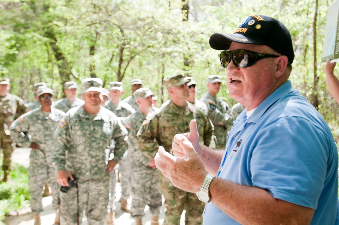 Douglas Patterson, head volunteer and Army veteran who served time in both the active and Reserve Army, gives Army Reserve Soldiers from the 108th Training Command (IET) a tour of Congaree Creek Heritage Preserve in Cayce, S.C. on March 24. The historical tour was part of the 108th Training Command (IET) combined Best Warrior and Drill Sergeant of the Year competitions at Fort Jackson, S.C. March 20-25. (U.S. Army photo by Maj. Michelle Lunato/released)