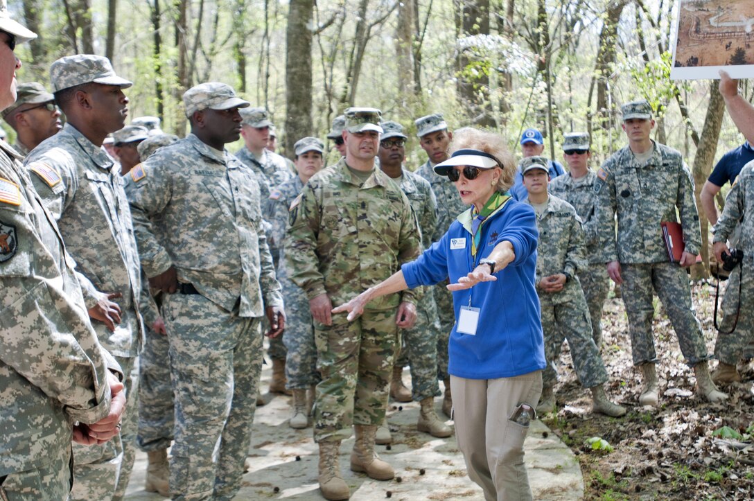 Ruth Branham, a volunteer with the River Alliance Organization, sets the scene of this particular location at Congaree Creek Heritage Preserve in Cayce, S.C. to Army Reserve Soldiers from the 108th Training Command (Initial Entry Training) on March 24. The educational tour was part of the 108th's combined Best Warrior and Drill Sergeant of the Year competitions at Fort Jackson, S.C. March 20-25. (U.S. Army photo by Maj. Michelle Lunato/released)