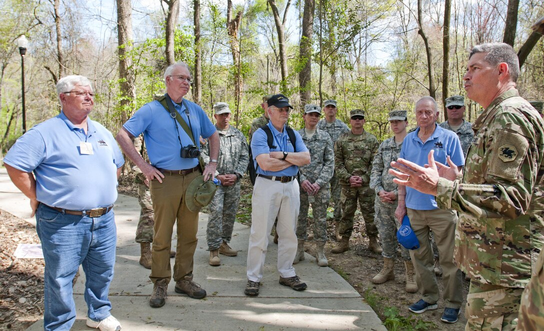 Maj. Gen. Mark T. McQueen, commander of the 108th Training Command (Initial Entry Training), thanks the volunteers who provided an educational tour of Congaree Creek Heritage Preserve in Cayce, S.C. to his Soldiers on March 24. The tour was part of the command's combined Best Warrior and Drill Sergeant of the Year competitions. (U.S. Army photo by Maj. Michelle Lunato/released)