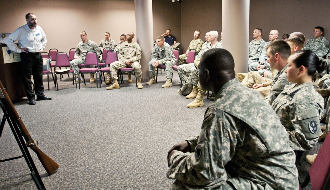 Joe Long, curator of education at the South Carolina Relic Room and Military Museum, speaks with Army Reserve Soldiers March 24 about the details of the historical Battle of Congaree Creek. The historical tour was part of the 108th Training Command (IET) combined Best Warrior and Drill Sergeant of the Year competitions at Fort Jackson, S.C. March 20-25. (U.S. Army photo by Maj. Michelle Lunato/released)