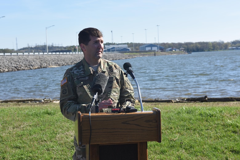 Lt. Col. Stephen Murphy, U.S. Army Corps of Engineers Nashville District commander, addresses media at Old Hickory Dam in Old Hickory, Tenn., March 29, 2016 about misconceptions that have arisen about how a proposed rock quarry on provate property near Corps property could affect operations at the lake and dam.