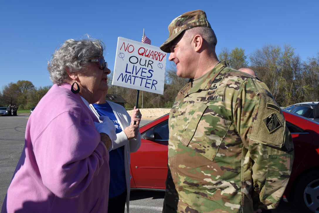 Brig. Gen. Richard G. Kaiser, U.S. Army Corps of Engineers Great Lakes and Ohio River Division commanding general in Cincinnati, meets with a concerned local citizen at Old Hickory Dam in Old Hickory, Tenn., March 29, 2016.  He talked about dam safety being a top priority while addressing questions about a proposed rock quarry on private property near a recreation area and the dam that is maintained and operated by the Nashville District.