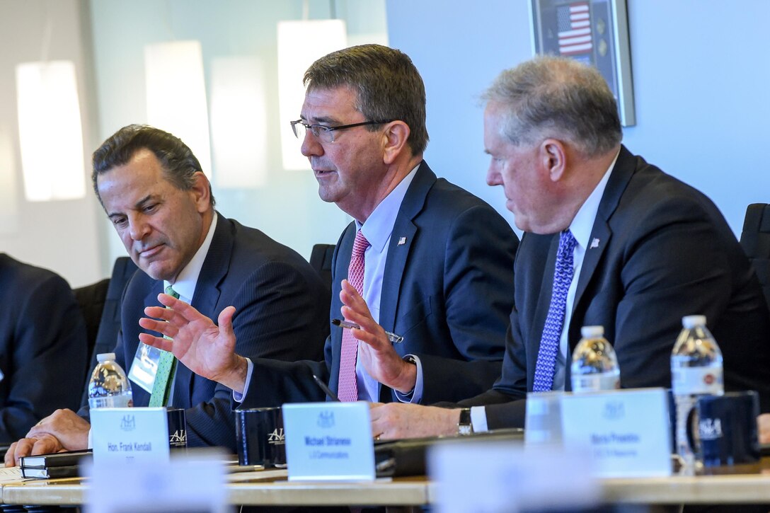 Defense Secretary Ash Carter speaks with aerospace industry and association executives during a joint forum of the Aerospace Industries Association, National Defense Industrial Association and Professional Services Council in Arlington, Va., March 29, 2016. DoD photo by Army Sgt. 1st Class Clydell Kinchen