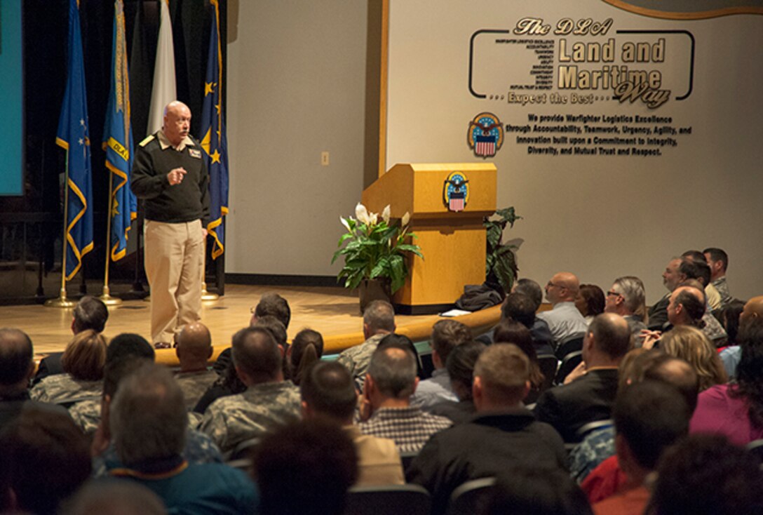 DLA Land and Maritime Commander Navy Rear Adm. John King hosts his final Town Hall in the Building 20 Auditorium on Defense Supply Center Columbus. The March 23 event recognized several associates for outstanding performance in the previous quarter and served as a kickoff for the 2016 DLA Culture Survey. 