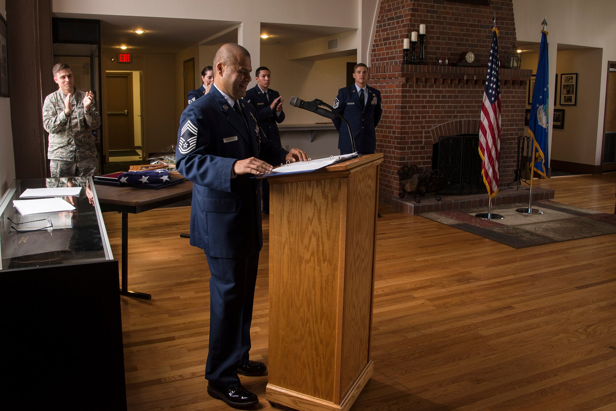 U.S. Air Force Chief Master Sgt. Manuel Camacho, 23d Security Forces Squadron manager, gives his remarks during his retirement ceremony, March 28, 2016, at Moody Air Force Base, Ga. Camacho has worked in security forces his entire career filling numerous positions including patrolman, flight chief, resource advisor, security forces manager, law enforcement specialist, combat aviation advisor for security forces in Iraq and operations superintendent to entry controller. (U.S. Air Force photo by Airman 1st Class Janiqua P. Robinson/Released)