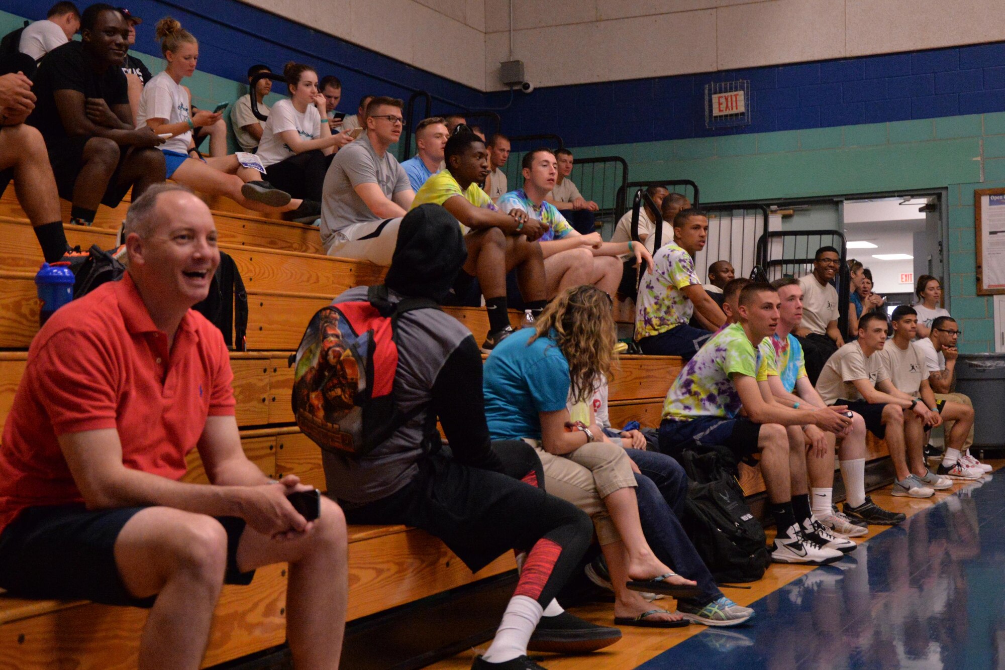 U.S. Air Force Col. Michael L. Downs, 17th Training Wing Commander, attends the Sexual Assault Prevention and Response dodgeball tournament at the Mathis Fitness Center on Goodfellow Air Force Base, Texas, March 26, 2016. The SAPR office used the tournament to provide a fun event to base members and as a platform to spread awareness for sexual assault. (U.S. Air Force photo by Airman 1st Class Randall A.S. Moose/Released)