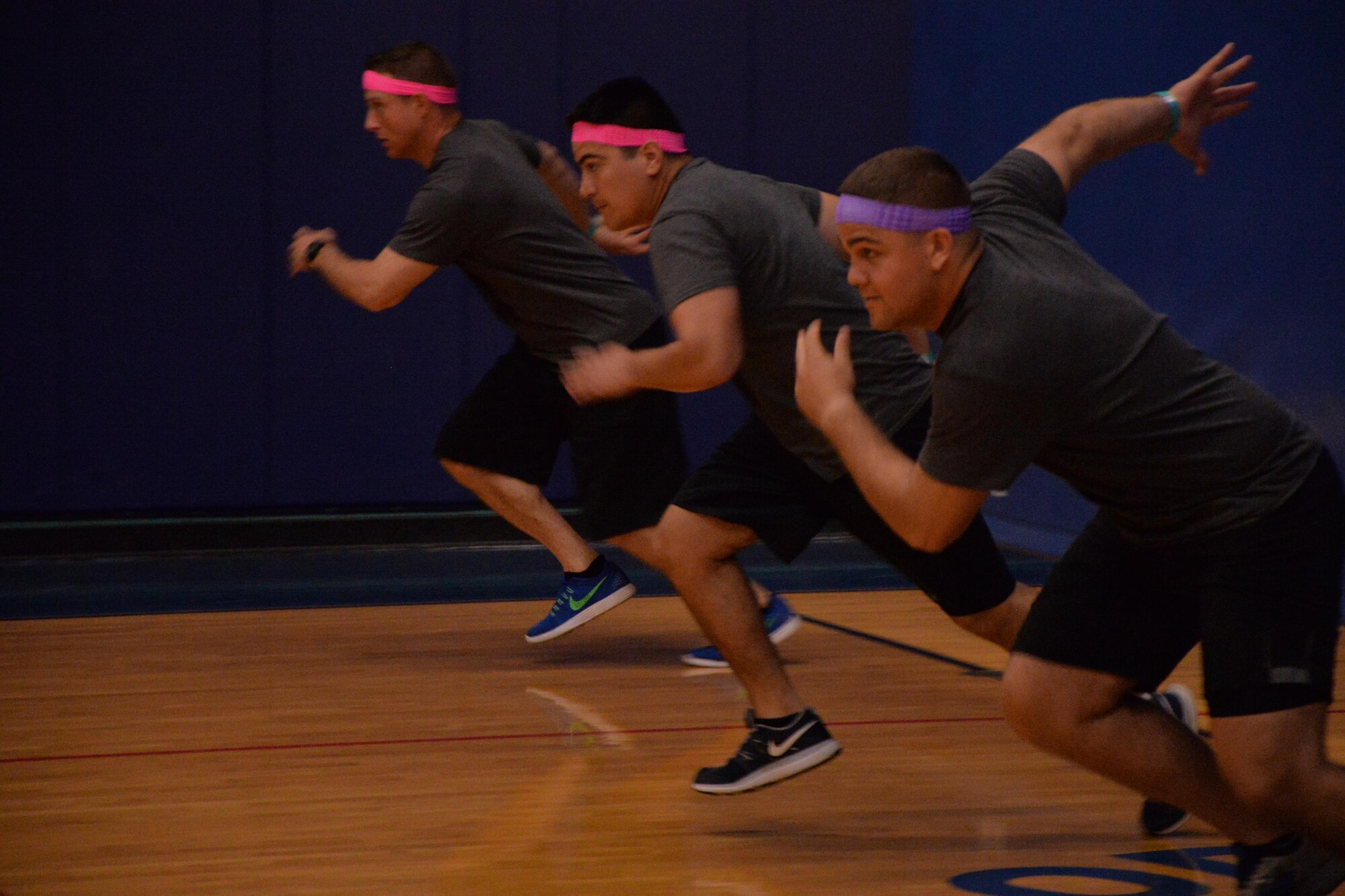 Team Synergy charges the line at the start of the Sexual Assault Prevention and Response dodgeball tournament at the Mathis Fitness Center on Goodfellow Air Force Base, Texas, March 26, 2016. SAPR provides direct interpersonal support, crisis intervention and informed decisions regarding restricted and unrestricted reporting. (U.S. Air Force photo by Airman 1st Class Randall A.S. Moose/Released)