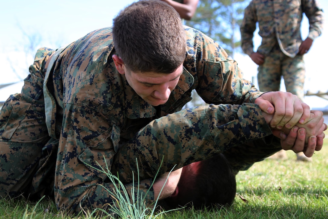 Marines with Headquarters and Headquarters Squadron participate in a grappling match during a team building exercise at Marine Corps Air Station Cherry Point, N.C., March 18, 2016. Marines participated in grappling matches after completing an obstacle course as it challenges their physical and mental strength while encouraging leadership skills. (U.S. Marine Corps photo by Cpl. N.W. Huertas /Released)