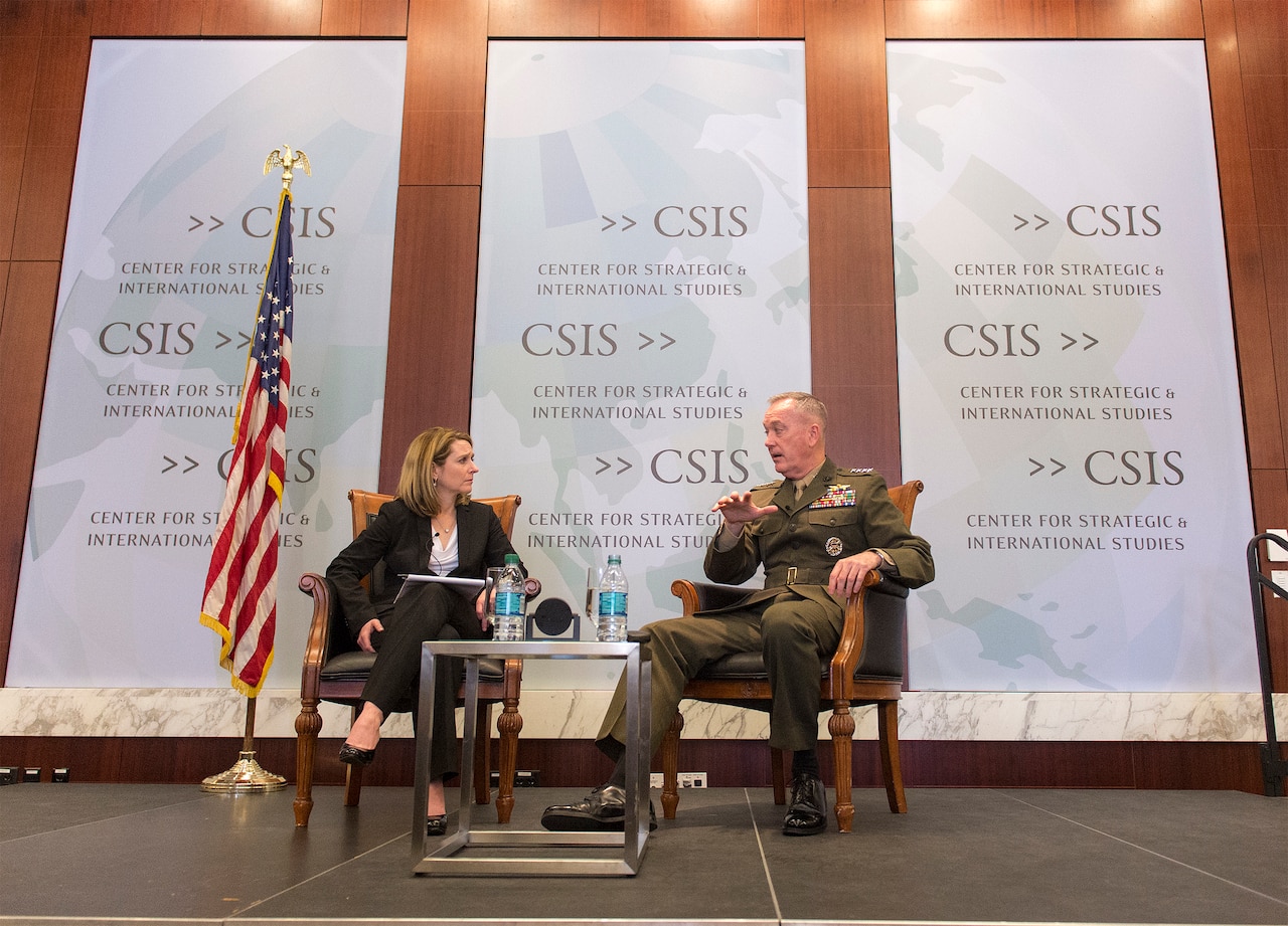 Marine Corps Gen. Joe Dunford, chairman of the Joint Chiefs of Staff, right, discusses military reform and organization with Kathleen Hicks, a Center for Strategic and International Studies scholar, at a CSIS forum in Washington, D.C., March 29, 2016. DoD photo by  Navy Petty Officer 2nd Class Dominique
A. Pineiro
