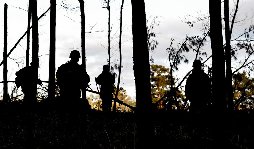 U.S. Marines with Bravo Company, 1st Battalion, 23rd Marine Regiment, 4th Marine Division, exercise at Barksdale Air Force Base, La., March 18, 2016. The exercise allowed Marines to use issued equipment and provided them with increased experience needed in a deployed environment. (U.S. Air Force photo/Senior Airman Mozer O. Da Cunha)