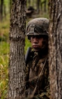 U.S. Marine Lance Cpl. Cesar Lopez a rifleman with Bravo Company, 1st Battalion, 23rd Marine Regiment, 4th Marine Division, provides security during a patrol exercise at Barksdale Air Force Base, La., March 18, 2016. The exercise provided Marines with the opportunity to hone real-world skills in a safe and controlled environment. (U.S. Air Force photo/Senior Airman Mozer O. Da Cunha)