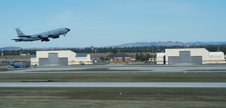 A KC-135 Stratotanker takes off down the runway March 18, 2016, at Fairchild Air Force Base, Wash. Controlled airspace falls into one of five categories A, B, C, D and E. (U.S. Air Force photo/Airman 1st Class Sean Campbell)